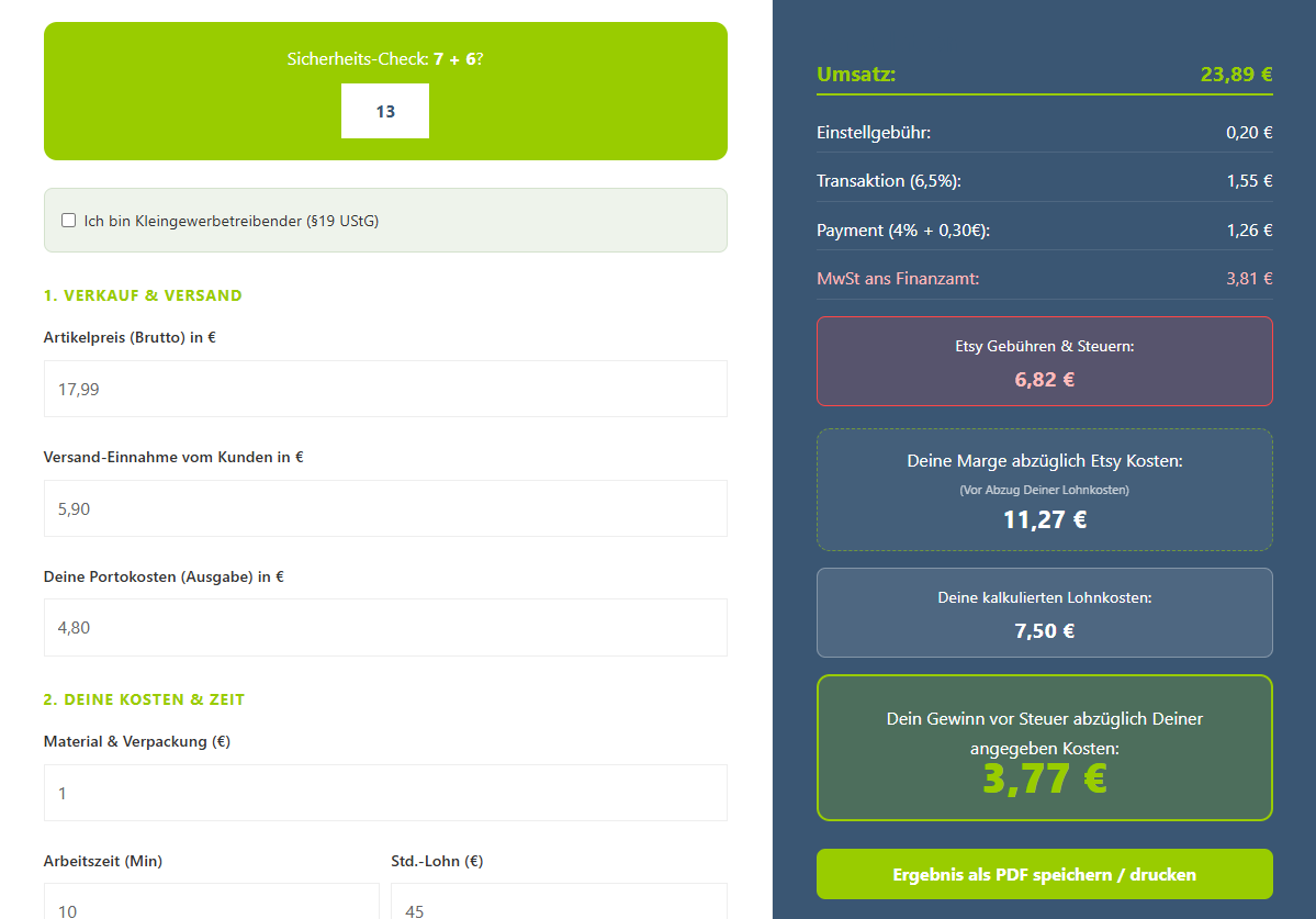 Etsy Margen Rechner Vorschau
