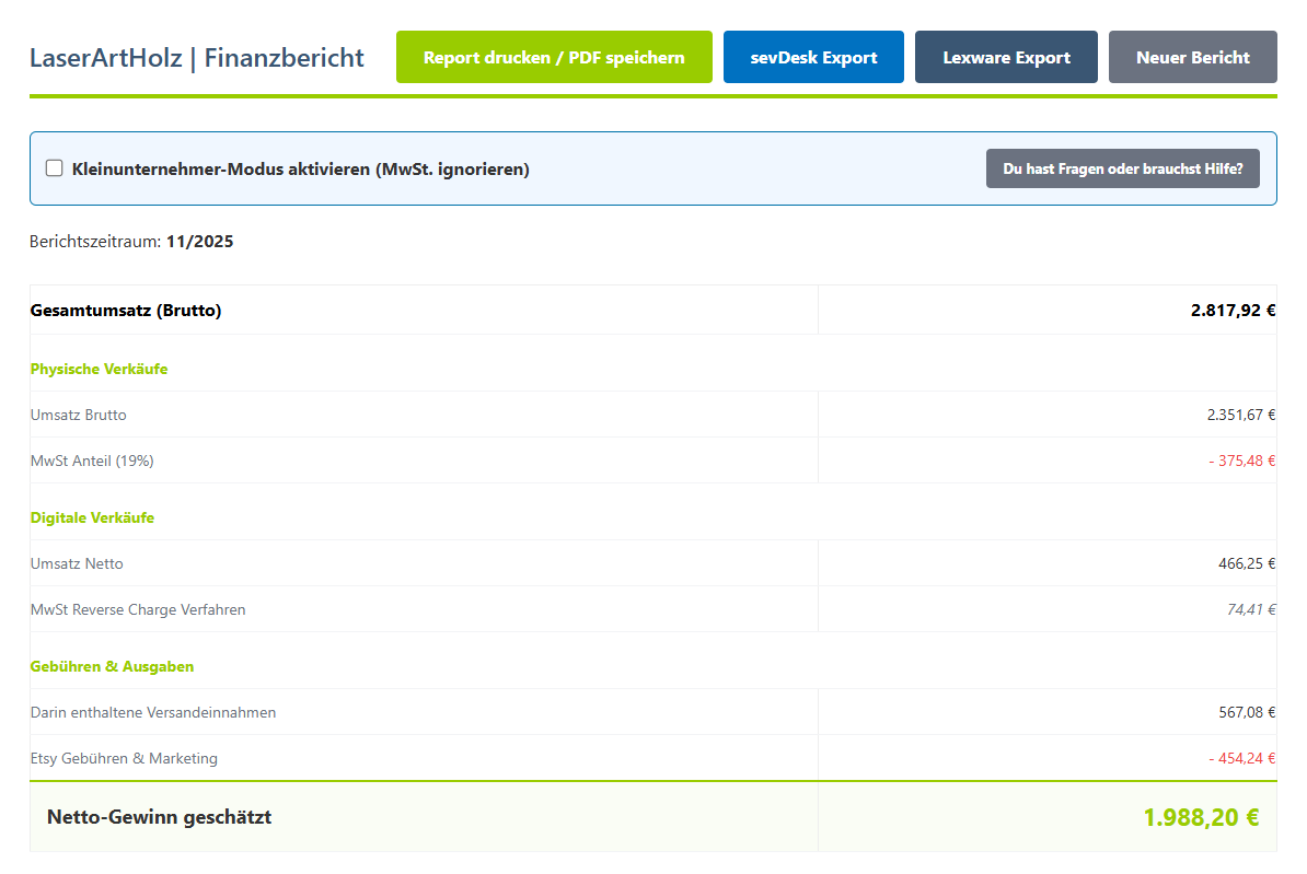 Etsy Buchhaltung Tool Screenshot