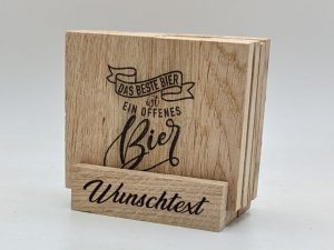 4 Bierdeckel incl. Ständer - Rustikal aus massiv Eiche (Klötzchen) mit 4 verschiedenen Motiven - Personalisiert