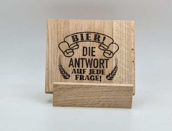 4 Bierdeckel incl. Ständer - Rustikal aus massiv Eiche (Klötzchen) mit 4 verschiedenen Motiven - Personalisiert – Bild 3