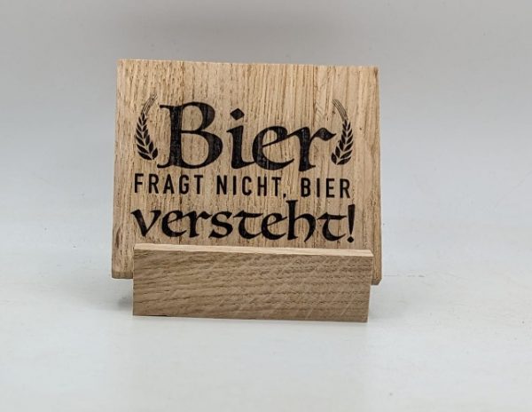 4 Bierdeckel incl. Ständer - Rustikal aus massiv Eiche (Klötzchen) mit 4 verschiedenen Motiven - Personalisiert – Bild 5