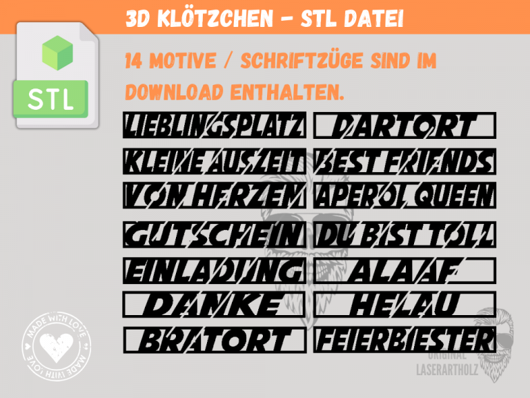 STL-Dateien mit Schriftzügen für 3D-Klötzchen – Perfekt für deine DIY-Projekte! ✨