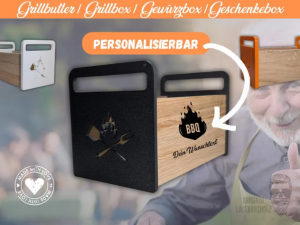 Personalisierter Grillbutler aus Eiche mit 3D Seitenteilen – Gewürzbox mit Gravur – BBQ Geschenk für Grillmeister