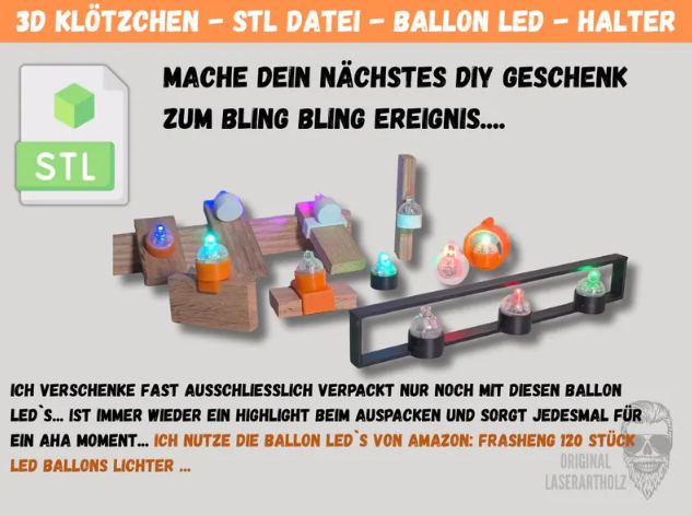 LED Halterung STL Set für Klötzchen – 3D Druck Datei für Ballonlichter – DIY Geschenkbeleuchtung für Easy Sticks – Bild 2