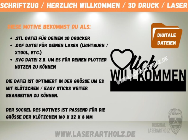 DIY Schriftzug Herzlich Willkommen SVG DXF STL – Plotterdatei, Laserdatei & 3D Druck Vorlage für Klötzchen Deko – Bild 2
