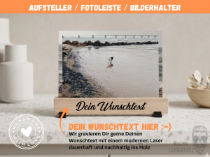 Bilderhalter aus Eiche personalisiert – Bilderständer Holz mit 3D Füßen | Fotohalter, Bilderleiste nachhaltig