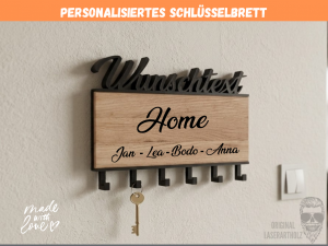 Personalisiertes Schlüsselbrett aus Holz mit Gravur – Deko Wand Schlüsselhalter individuell – Geschenk – Modern & Nachhaltig