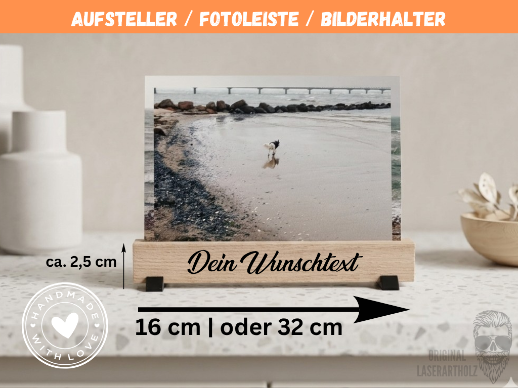 Bilderhalter aus Eiche personalisiert – Bilderständer Holz mit 3D Füßen | Fotohalter, Bilderleiste nachhaltig – Bild 2