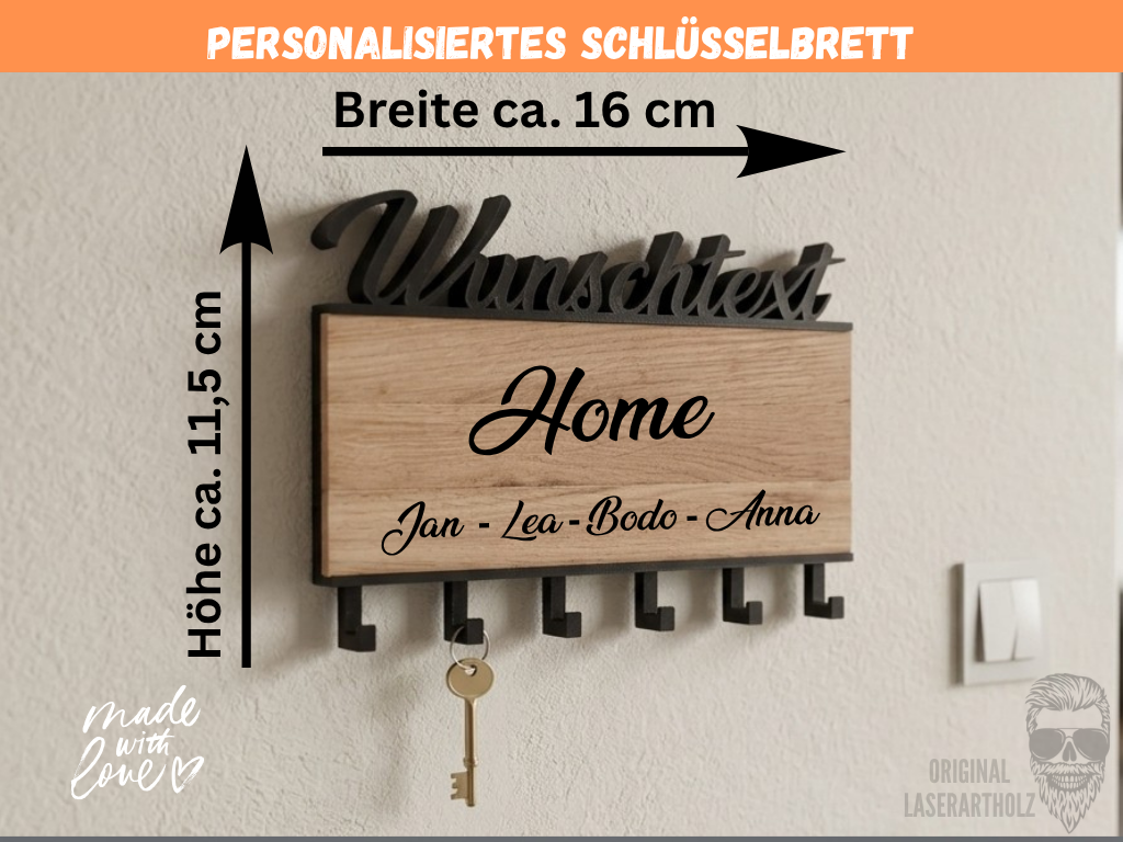 Personalisiertes Schlüsselbrett aus Holz mit Gravur – Deko Wand Schlüsselhalter individuell – Geschenk – Modern & Nachhaltig – Bild 2