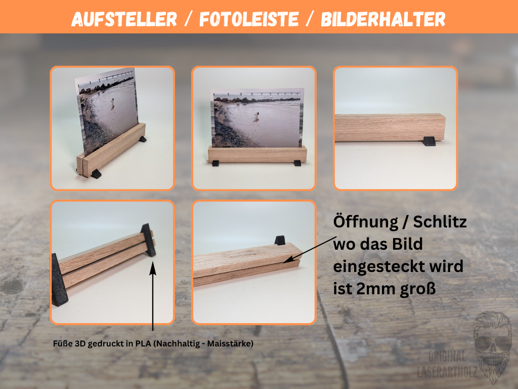 Bilderhalter aus Eiche personalisiert – Bilderständer Holz mit 3D Füßen | Fotohalter, Bilderleiste nachhaltig – Bild 3
