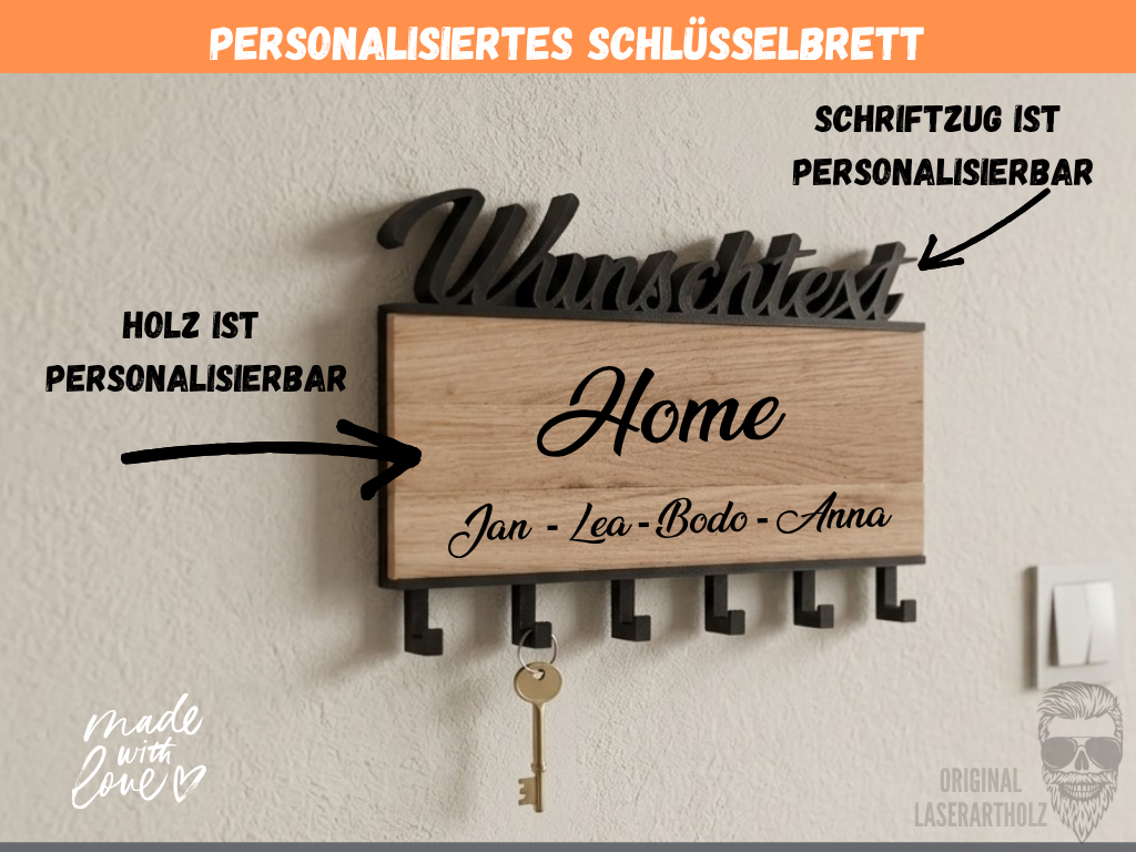 Personalisiertes Schlüsselbrett aus Holz mit Gravur – Deko Wand Schlüsselhalter individuell – Geschenk – Modern & Nachhaltig – Bild 3