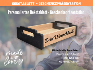 Personalisiertes Dekotablett aus Eiche mit Gravur – Geschenkekorb Holz – individuelles Geschenk mit 3D Seitenteilen