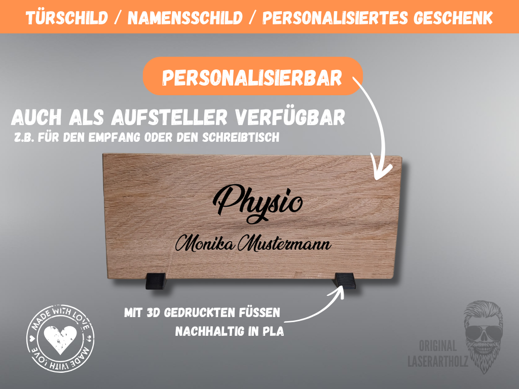 Personalisiertes Türschild Holz, Namensschild Aufsteller Schreibtisch, Eichenschild mit Logo graviert, Geschenk Arbeitsplatz Büro – Bild 2