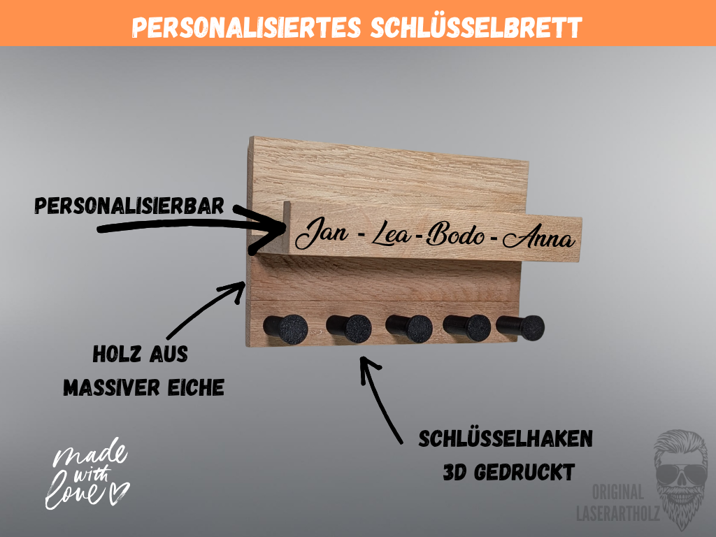 Personalisiertes Schlüsselbrett aus massiver Eiche – Deko Wand Schlüsselhalter individuell – Geschenk – Modern & Nachhaltig – Bild 3