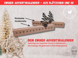 Ewiger Adventskalender aus Eichenholz mit Schieber | Nachhaltiger Weihnachtskalender Holz & 3D-Druck | Minimalistische Weihnachtsdeko