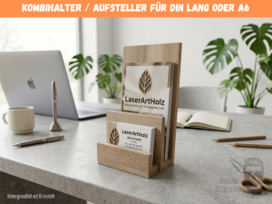Kombi-Aufsteller aus Eiche für Flyer (DIN Lang / A6) und Visitenkarten | Personalisierbarer Flyerständer | Prospekthalter | Messe & Büro