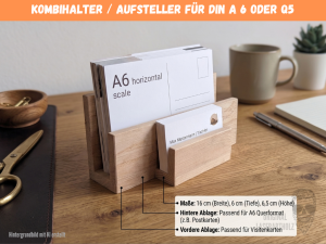 Kombi-Aufsteller aus Eiche für Flyer DIN A 6 oder Q5 und Visitenkarten | Personalisierbarer Flyerständer | Prospekthalter | Messe & Büro
