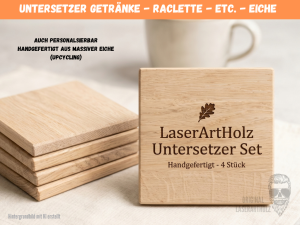 Handgefertigte Untersetzer aus Eiche Massivholz - auch Personalsierbar - Untersetzer für Tassen, Wein, Bier & Raclette | 9x9cm | Tischdeko
