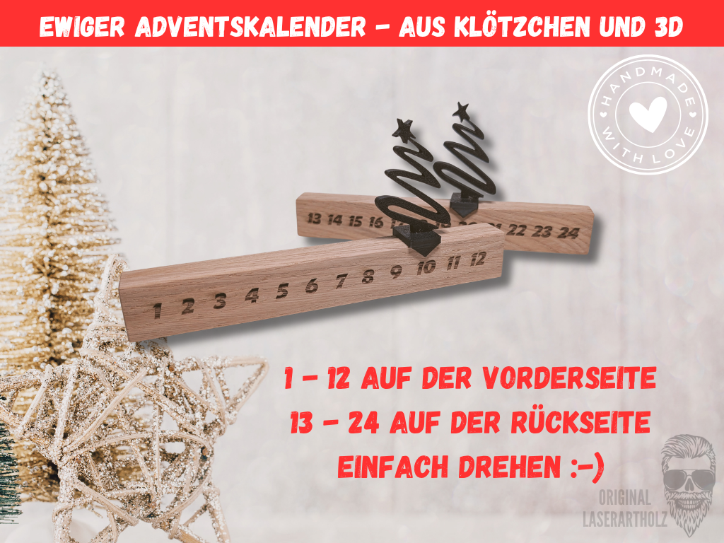 Ewiger Adventskalender aus Eichenholz mit Schieber | Nachhaltiger Weihnachtskalender Holz & 3D-Druck | Minimalistische Weihnachtsdeko – Bild 2