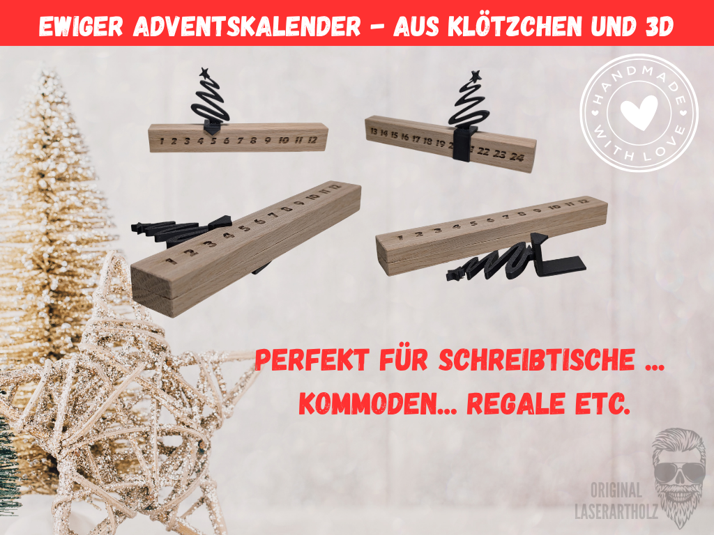 Ewiger Adventskalender aus Eichenholz mit Schieber | Nachhaltiger Weihnachtskalender Holz & 3D-Druck | Minimalistische Weihnachtsdeko – Bild 3
