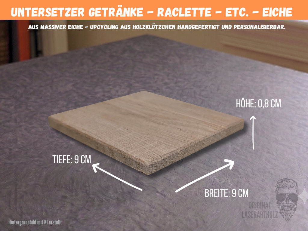 Handgefertigte Untersetzer (Set 4 Stck.) aus Eiche Massivholz - auch Personalsierbar - Untersetzer für Tassen, Wein, Bier & Raclette | 9x9cm | Tischdeko – Bild 3