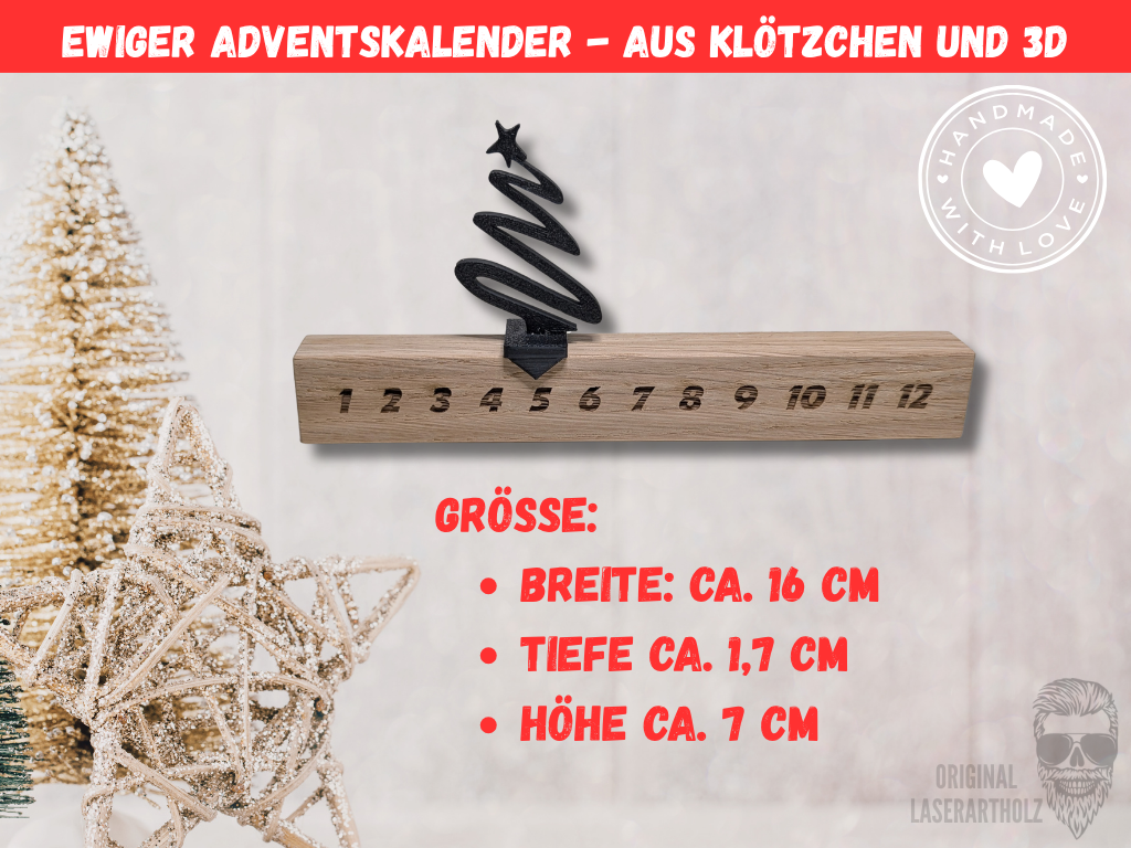 Ewiger Adventskalender aus Eichenholz mit Schieber | Nachhaltiger Weihnachtskalender Holz & 3D-Druck | Minimalistische Weihnachtsdeko – Bild 4