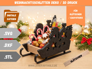 3D Druck Datei - Kleiner Weihnachtsschlitten Deko als Geschenkkorb – Nikolausgeschenk, Wichtelgeschenk, Tischdekoration für Klötzchen